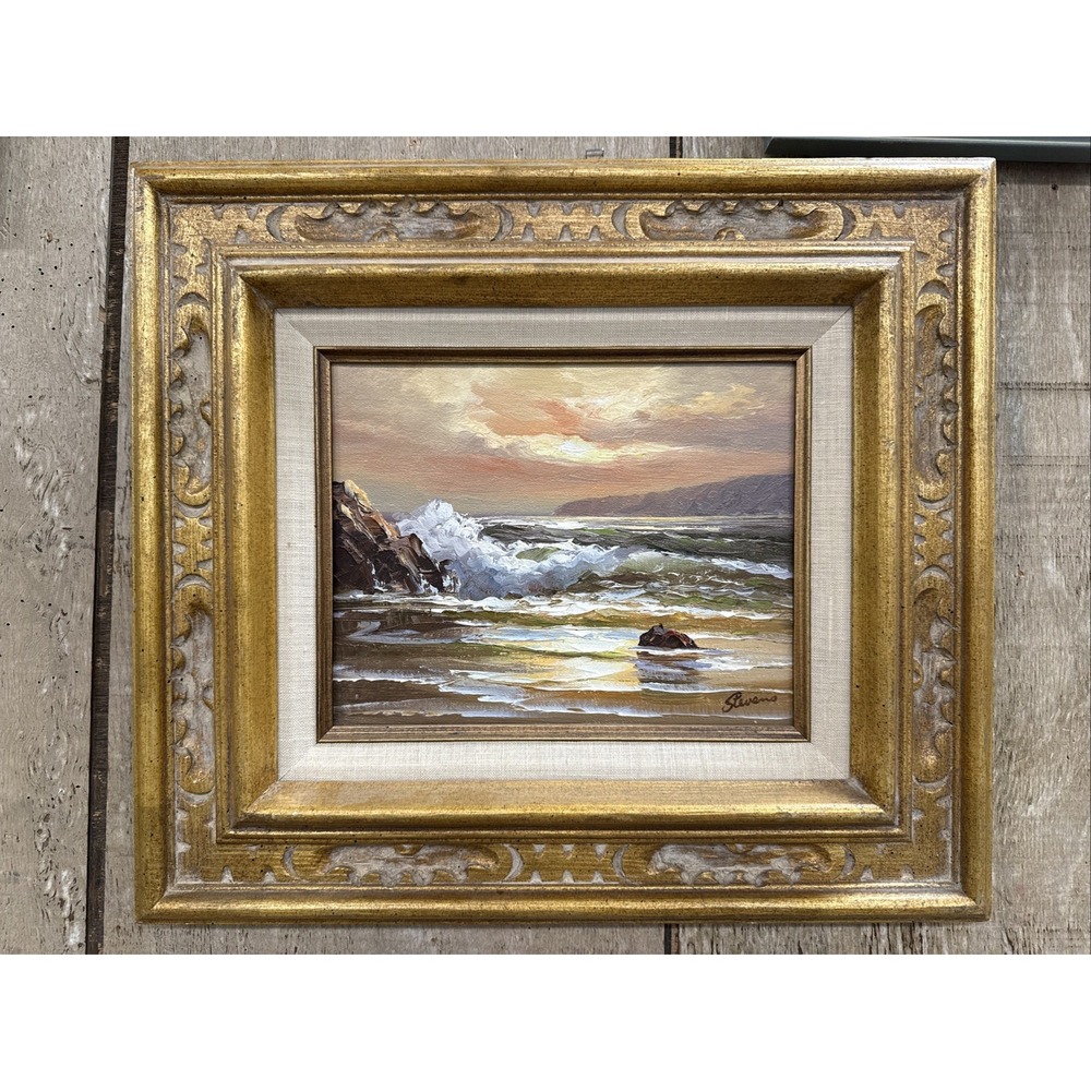 Ocean Coastal Waves Sunset Oil Painting By Jerome Stevens Signed Framed 18x16"